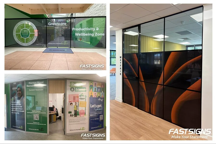 Custom window frosting manifestation and Contravision privacy glass graphics installed by FASTSIGNS St Albans.